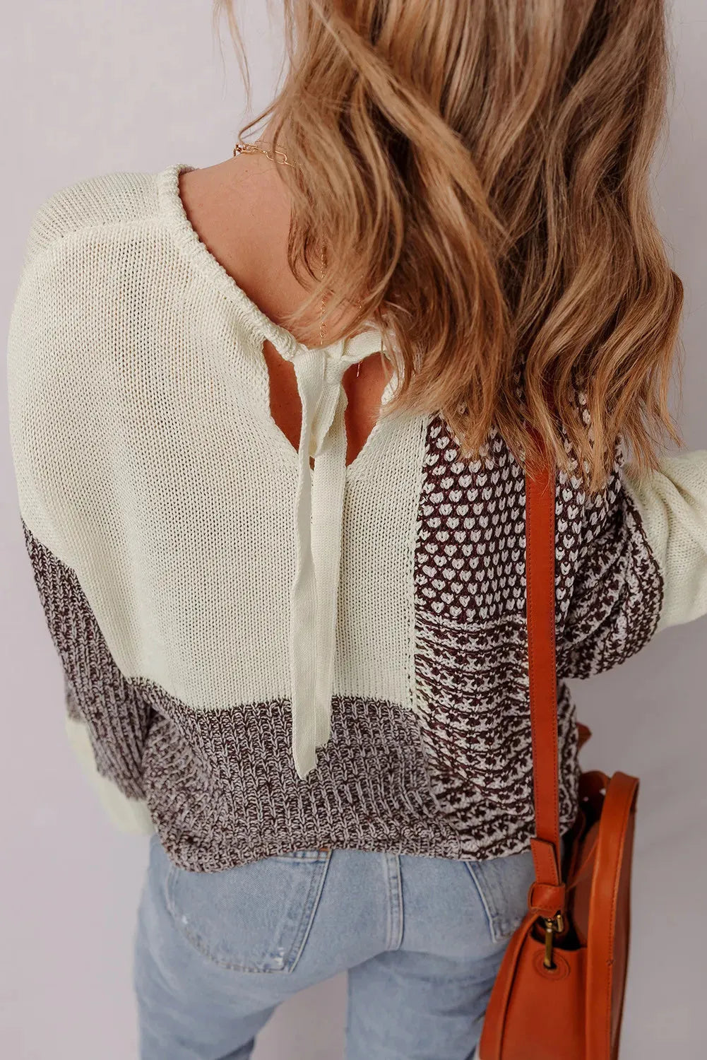 Dark khaki colour block loose sweater with drop shoulders and a back tie detail