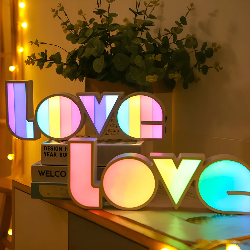 Rainbow style LED LOVE decorative light with plastic shell for Valentine's Day and wedding decoration