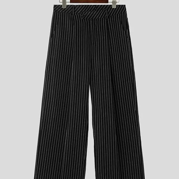 Black men's trousers with vertical stripes and pleated design featuring elastic waistband