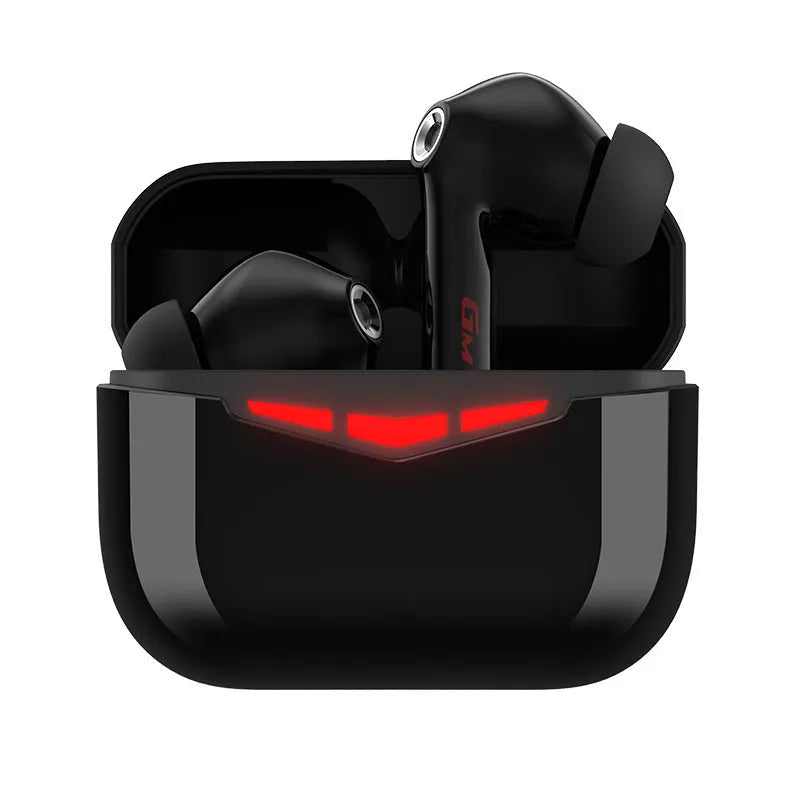True wireless gaming earbuds in black, pink, white, and grey colours with charging case.
