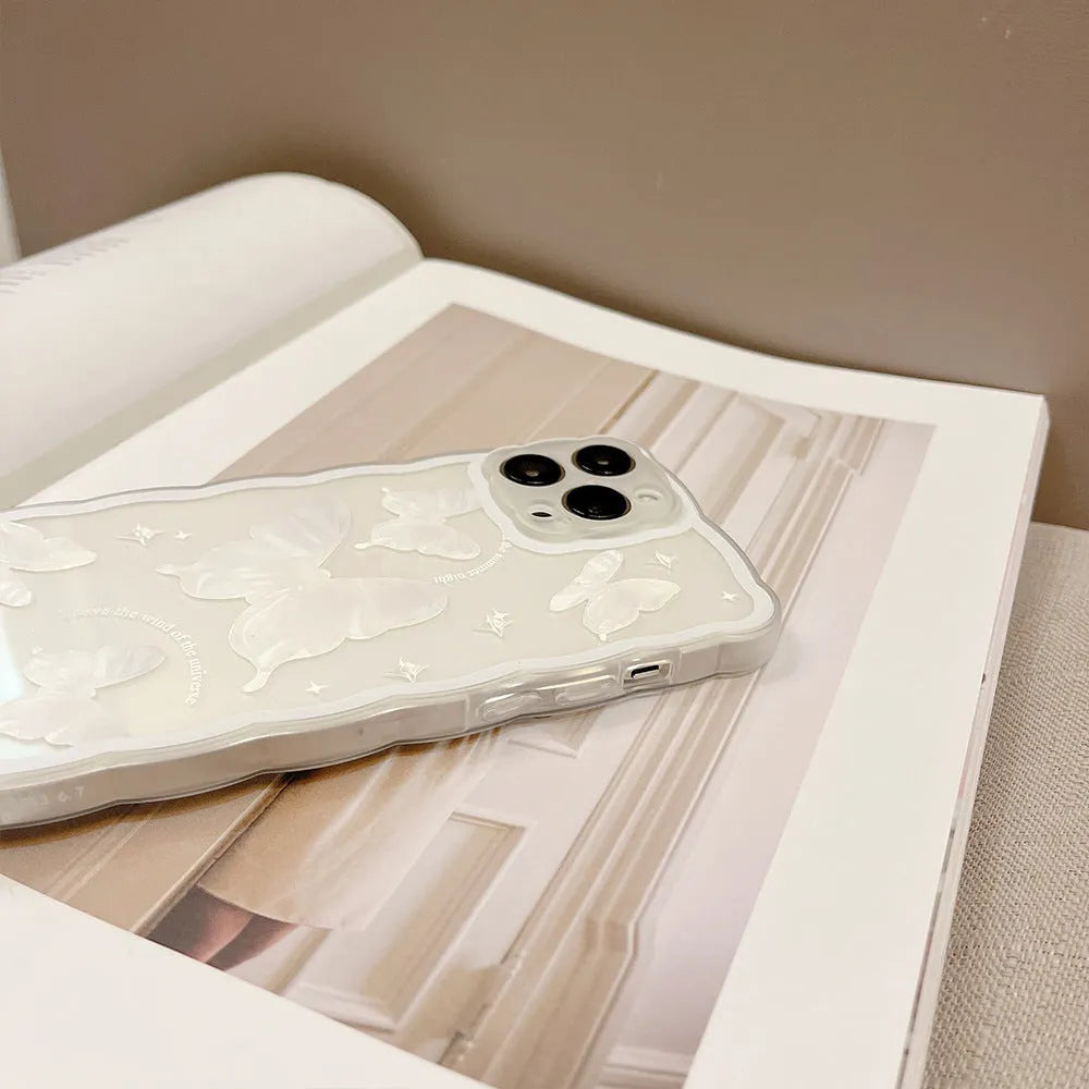 Transparent white crystal butterfly phone case in TPU for iPhone 12 to 15 models
