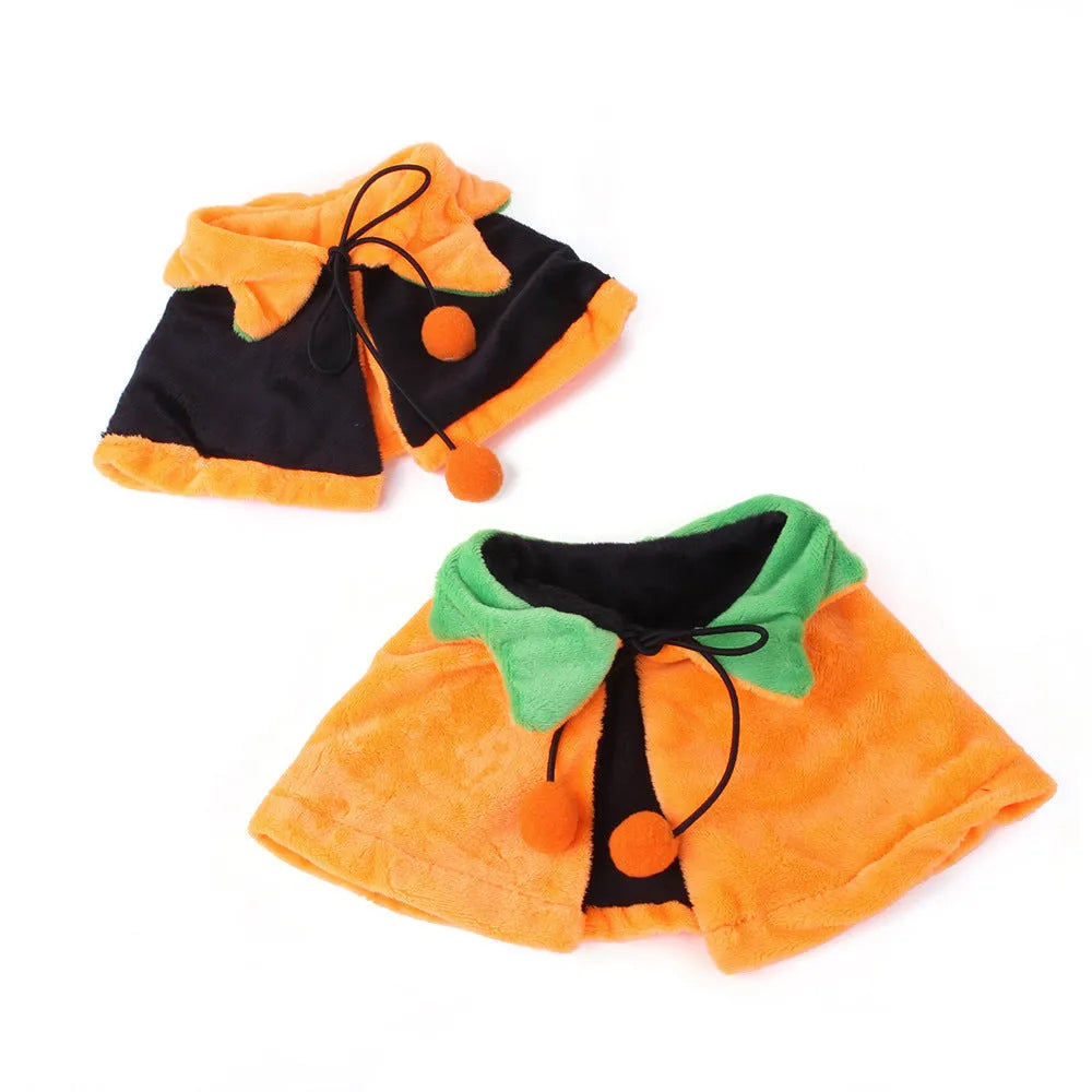 Plush Halloween pumpkin cloak for dogs or cats with optional hat in sizes S, M, L