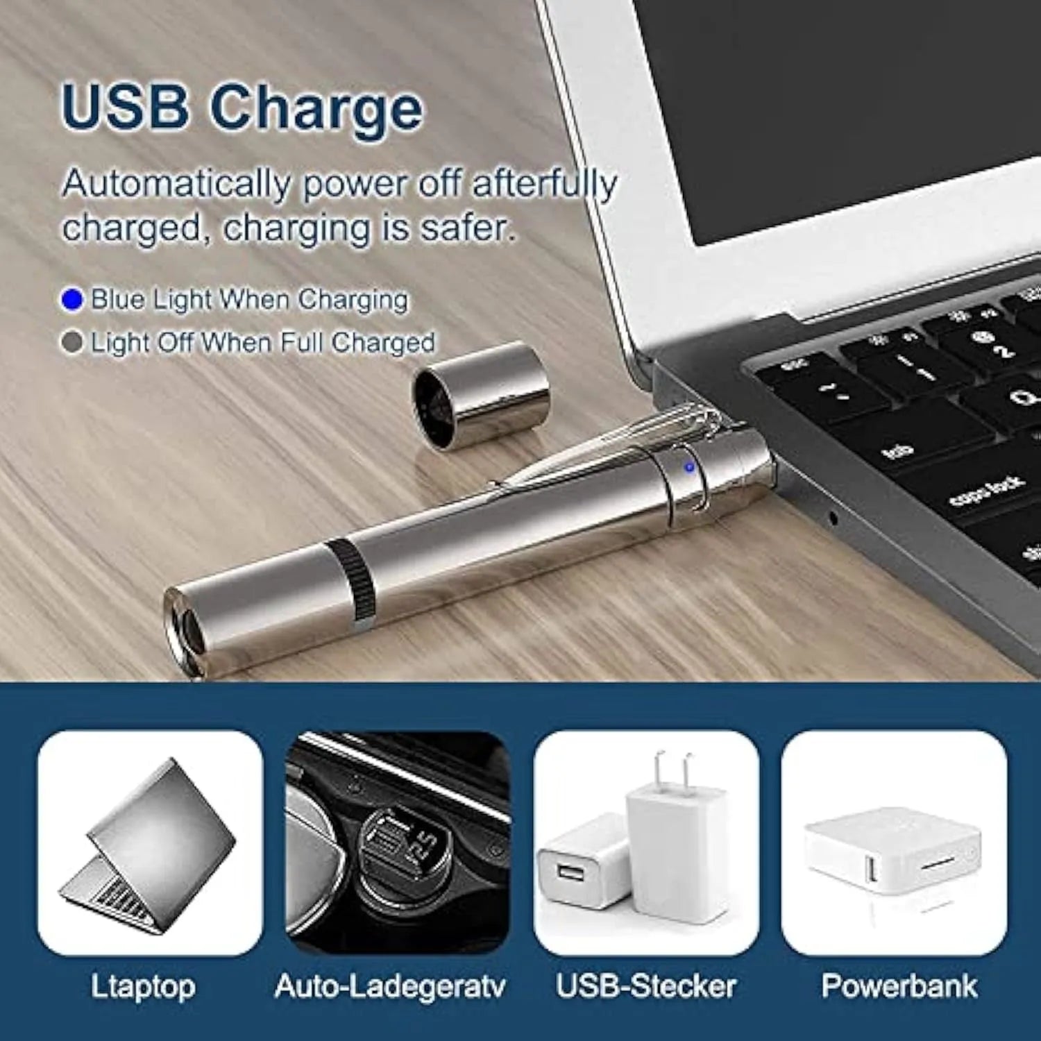 Silver aluminium alloy cat laser pointer wand with USB charging port and pattern selection gear