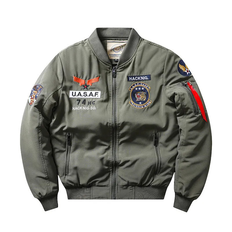 Men's slim-fit stand collar retro quilted motorcycle jacket in blue on a mannequin
