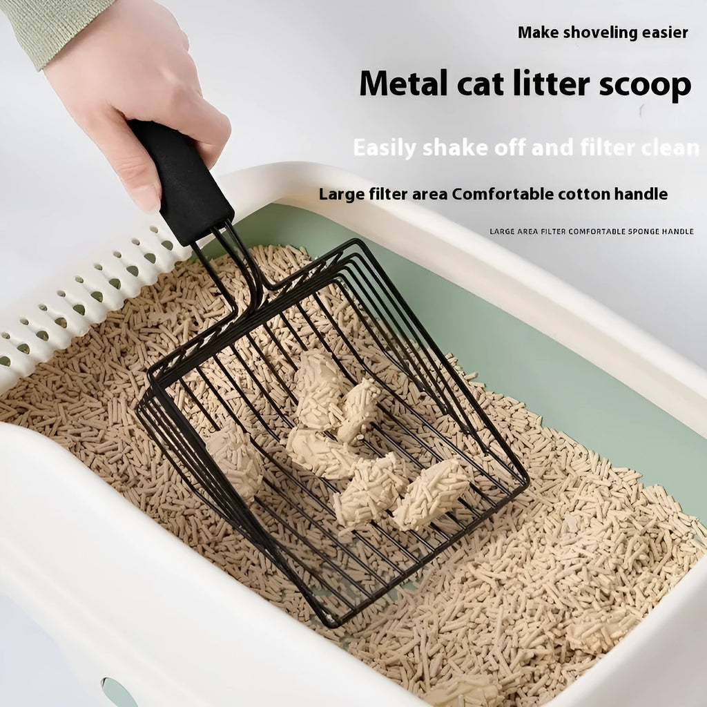 Black metal cat litter scoop with a long handle and a sifting head showing a narrow mesh gap.