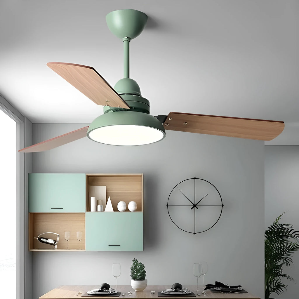 Nordic ceiling fan light with wooden blades and acrylic lampshade in white, available in 42Inch or 48Inch