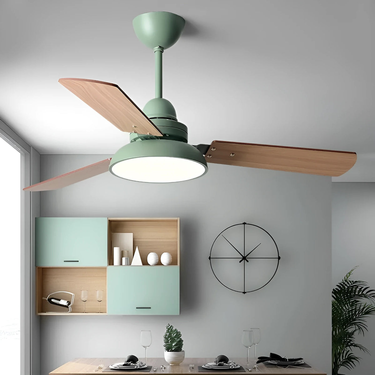 Nordic ceiling fan light with wooden blades and acrylic lampshade in white, available in 42Inch or 48Inch