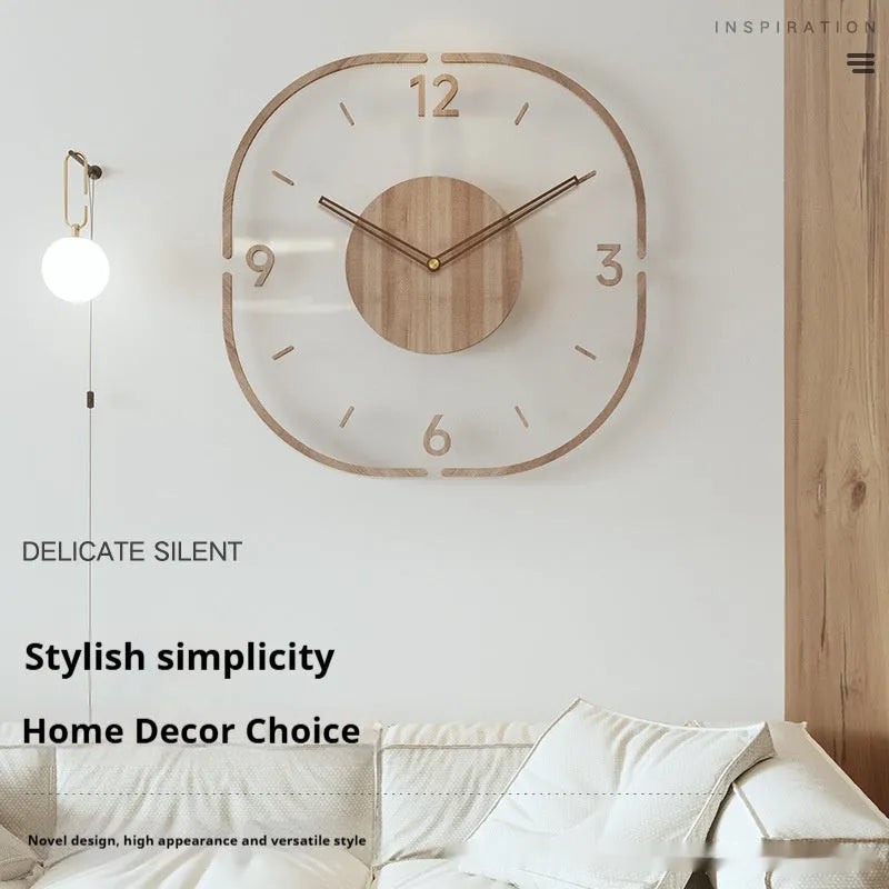 Wooden frame transparent wall clock with modern design showing clear time display