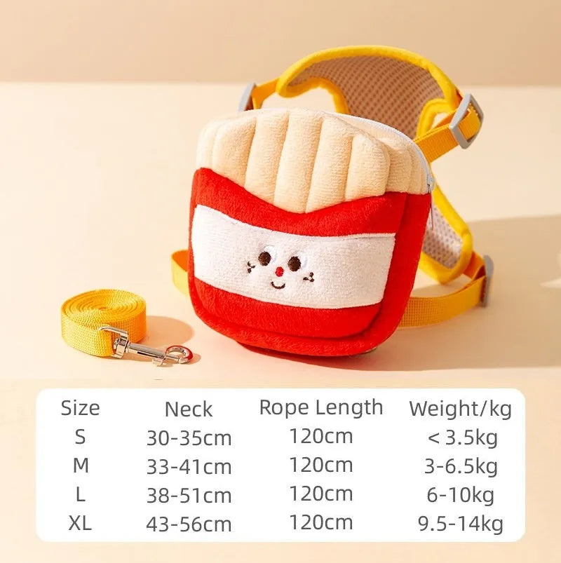 Cartoon hamburger print adjustable vest harness with backpack and leash for dogs or cats