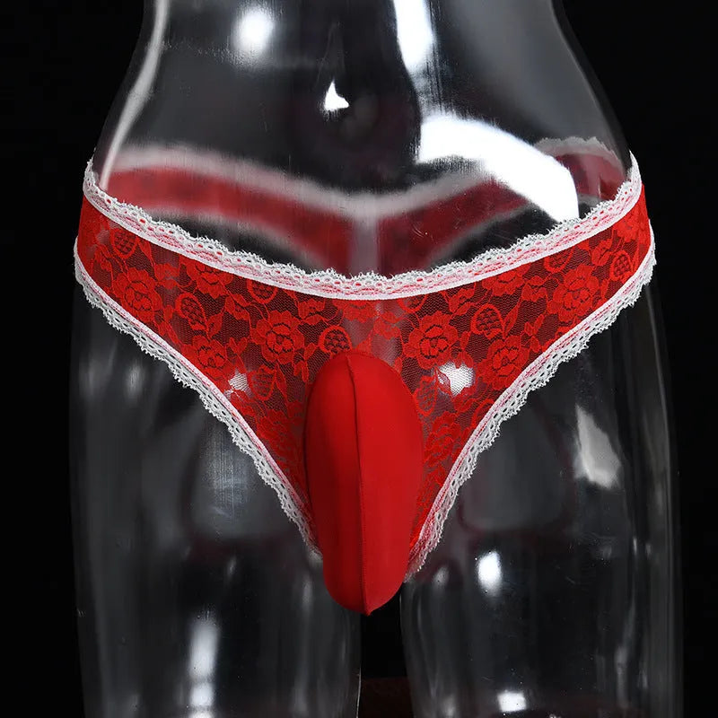 Men's vertical bag egg lace underwear in triangle brief design with low waist cut