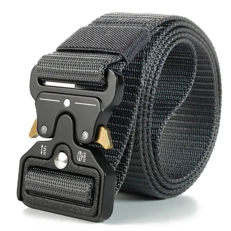 Men's thick canvas tactical belt with alloy release buckle shown in khaki colour