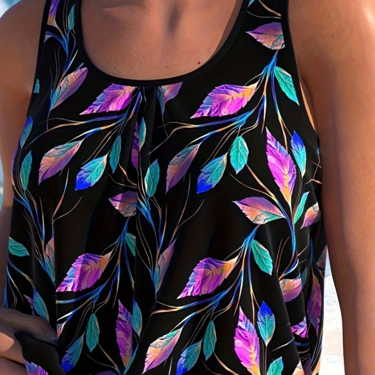 Women's pure colour one-piece swimsuit with split leaf design, top and shorts set.