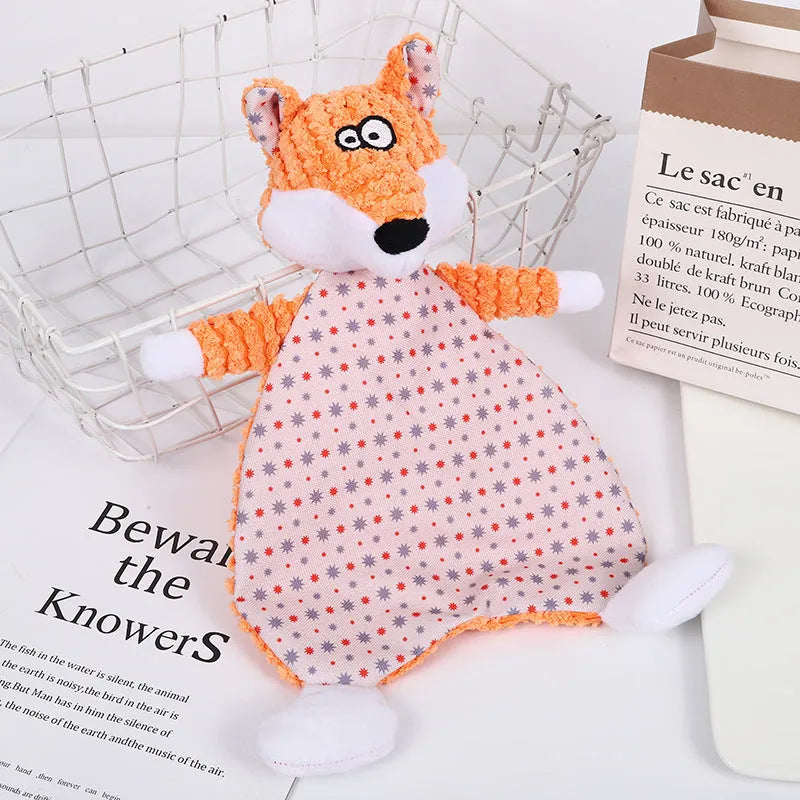 Pet stuffed toy with crinkle paper sounds in fox or elephant design with velvet fabric