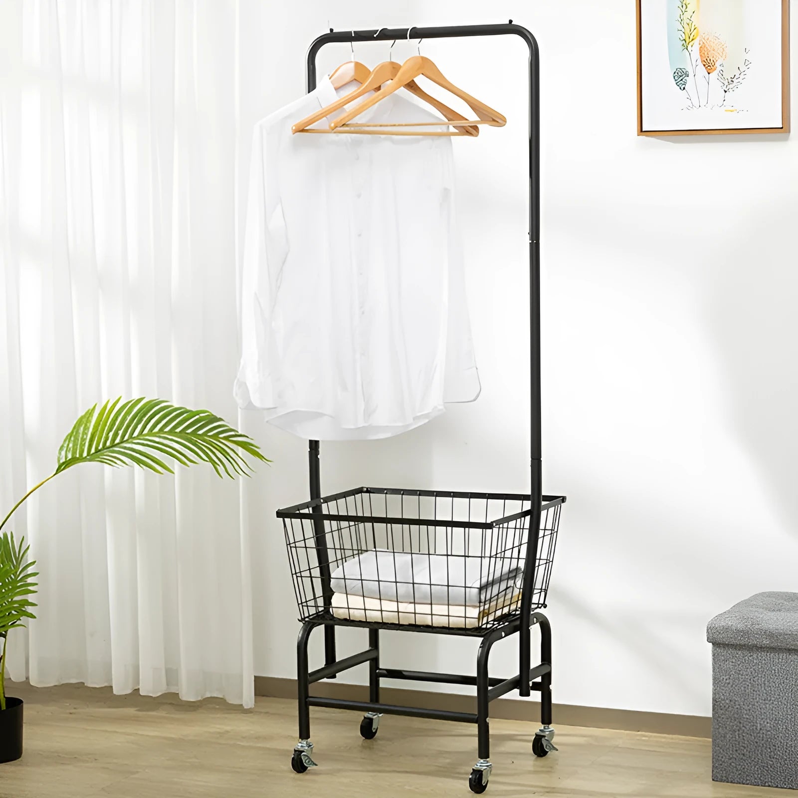 Movable clothes hanger storage car with iron construction and pulley system in white colour