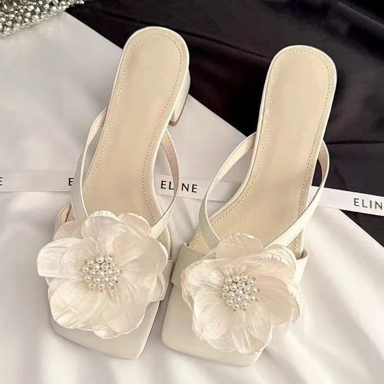 Women's square toe sandals with chunky heel, satin upper, and one-line Korean-style strapping in cream-white colour