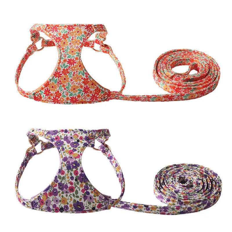 Floral dog harness and leash set in cloth material with single chest back design