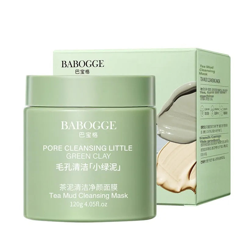 Tea mud cleansing clay facial mask in container with daub-type application
