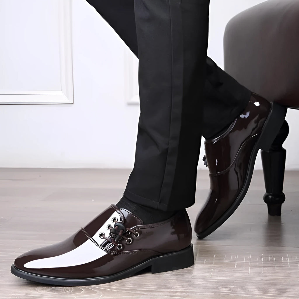 Men's black and brown business formal shoes with round toe and square heel
