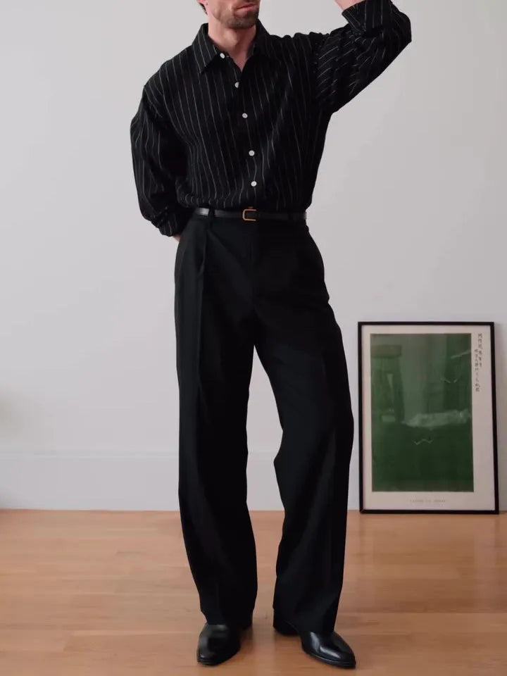 Black pinstripe button-down men's shirt with regular fit and polyester fabric