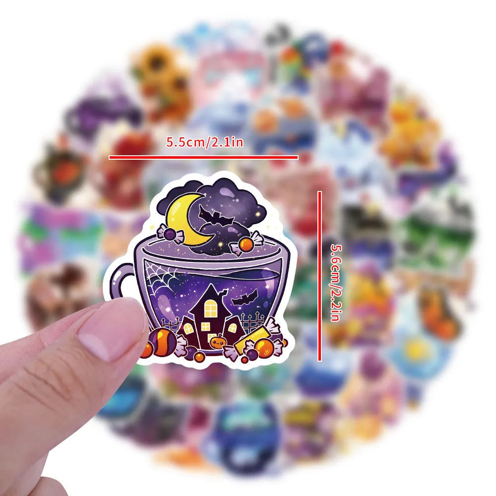 Colourful tea cup graffiti waterproof stickers for luggage and scooter decoration, 50-piece set