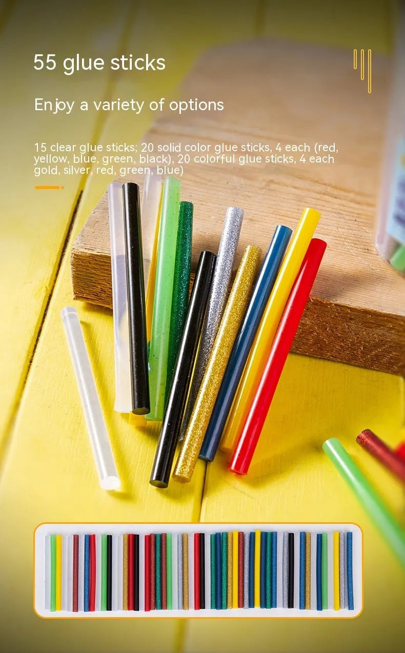 A pack of 55 clear hot melt glue sticks with a diameter of 7mm.