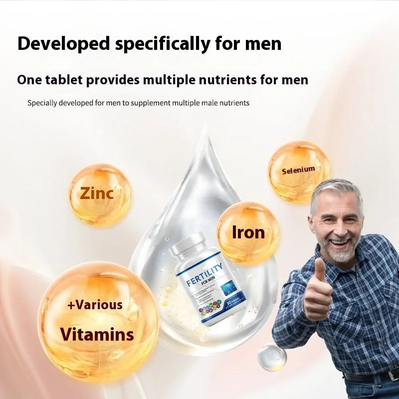 Bottle of 60 male fertility tablets with COMLEX vitamin mineral amino acid formula.