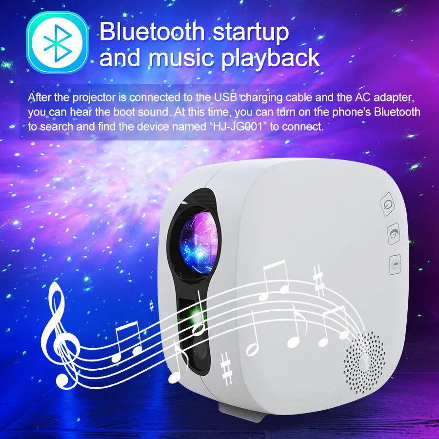 White laser star projector showing colourful nebula projection with Bluetooth music playing functionality