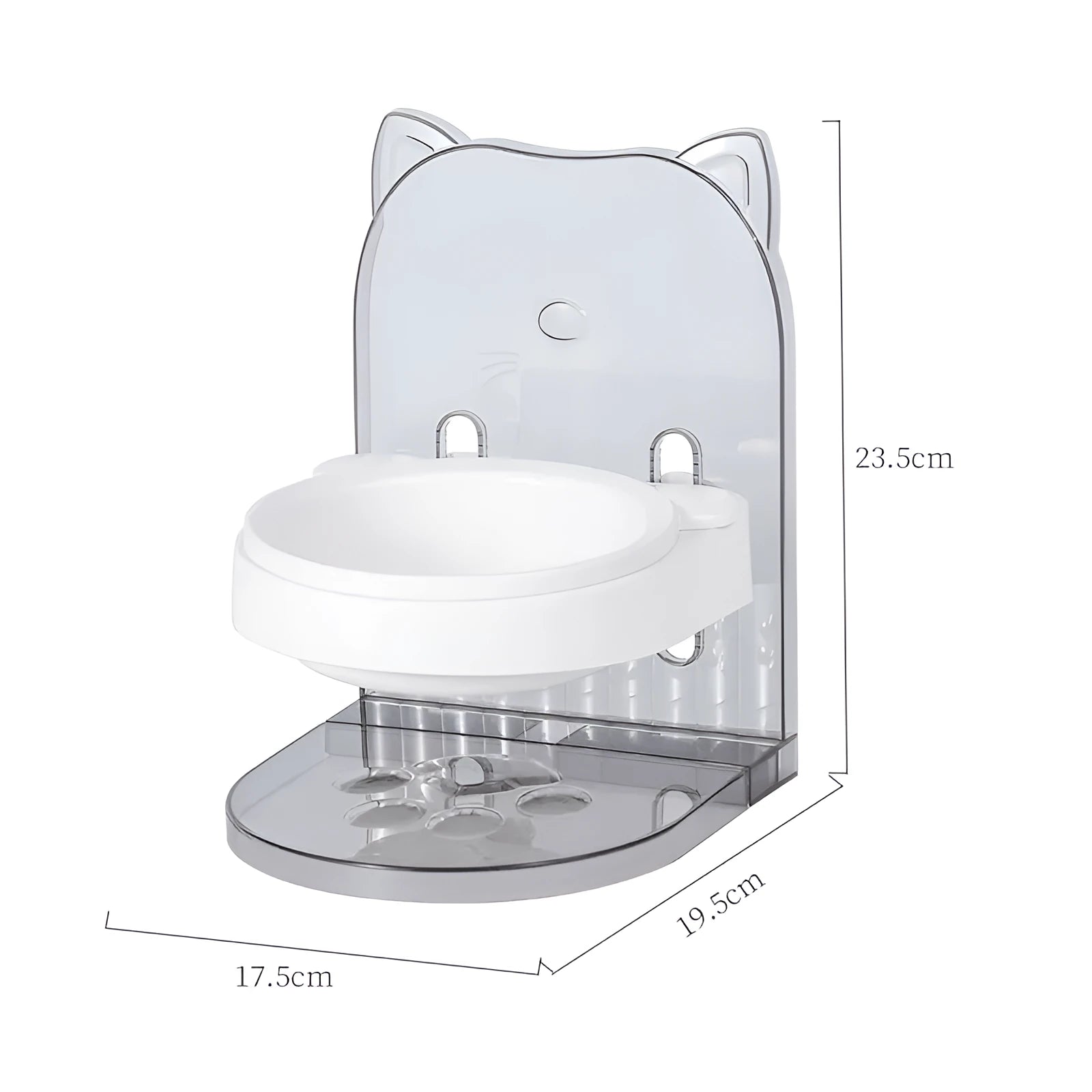 Grey cat feeding bowl with anti-spill design and removable cage, adjustable height.