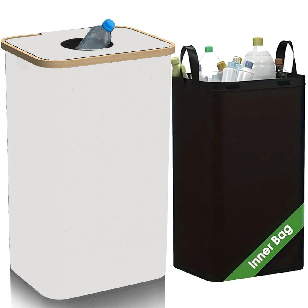 Black bamboo storage basket with a removable lid, side ventilation holes, and two inner pockets.