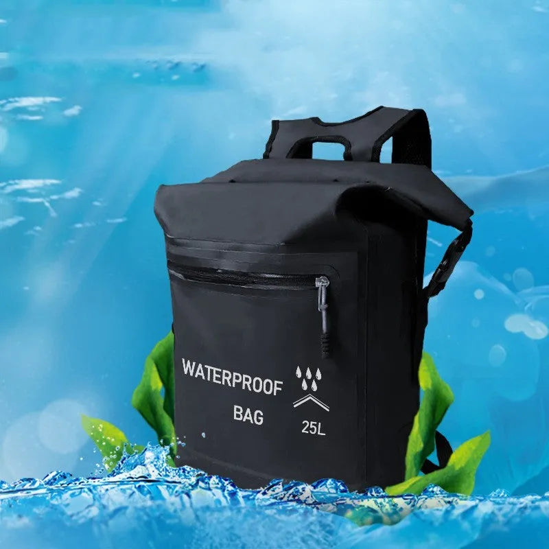 Black 25-litre waterproof outdoor backpack with 500D mesh for swimming and rafting