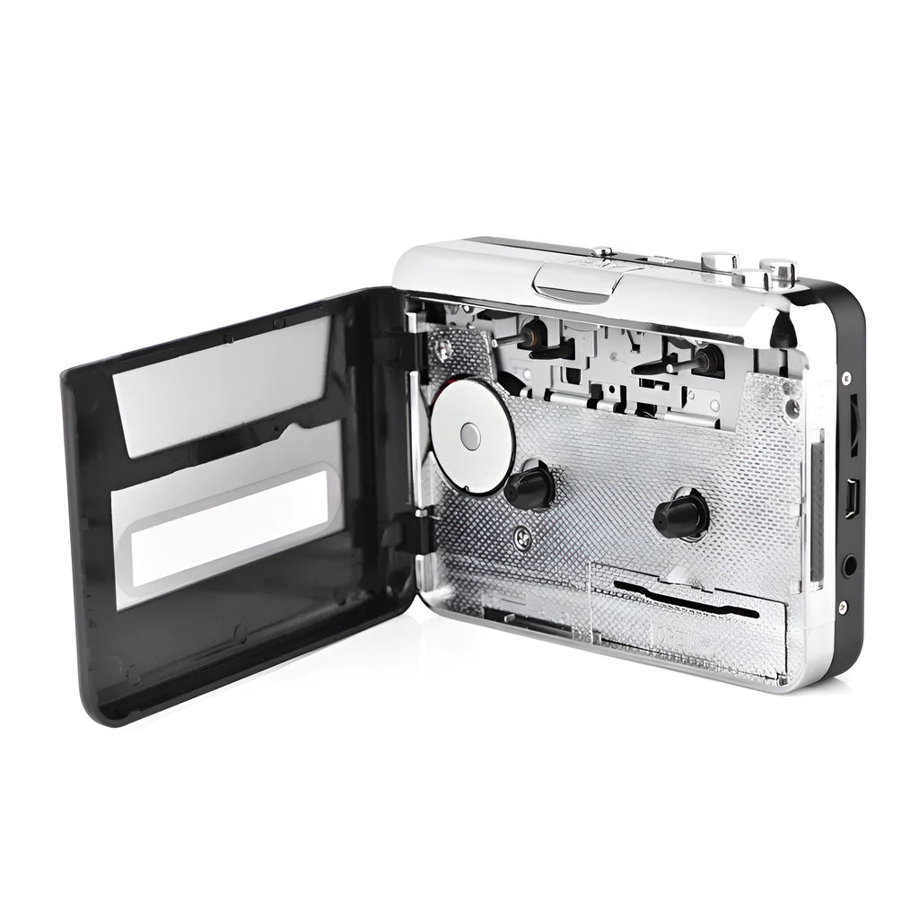 Silver USB cassette tape to MP3 converter unit with USB cable for audio digitisation