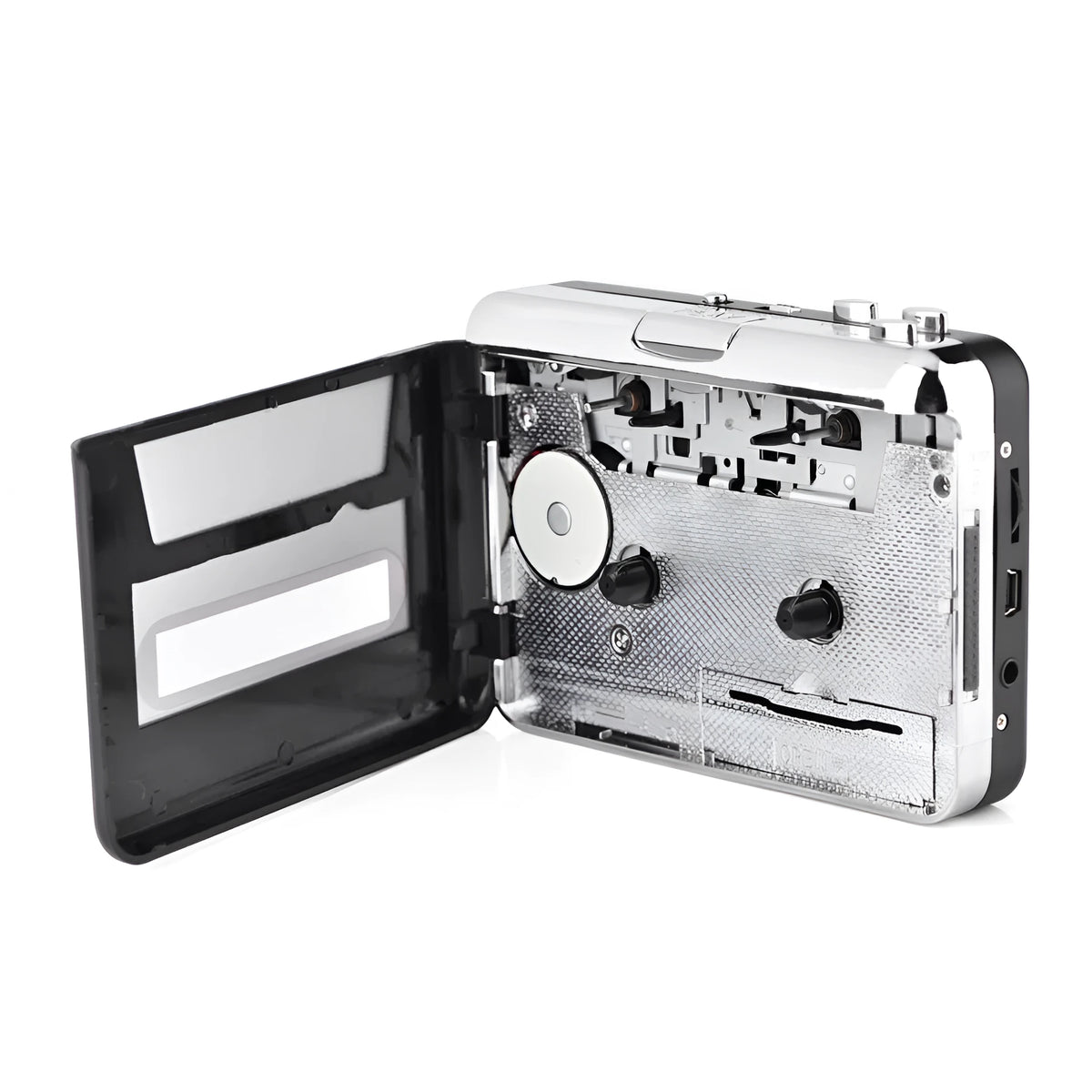 Silver USB cassette tape to MP3 converter unit with USB cable for audio digitisation