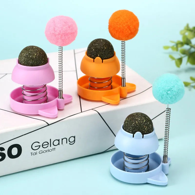 Four colourful mint ball cat toys with textured surfaces for teeth cleaning and self-hi play
