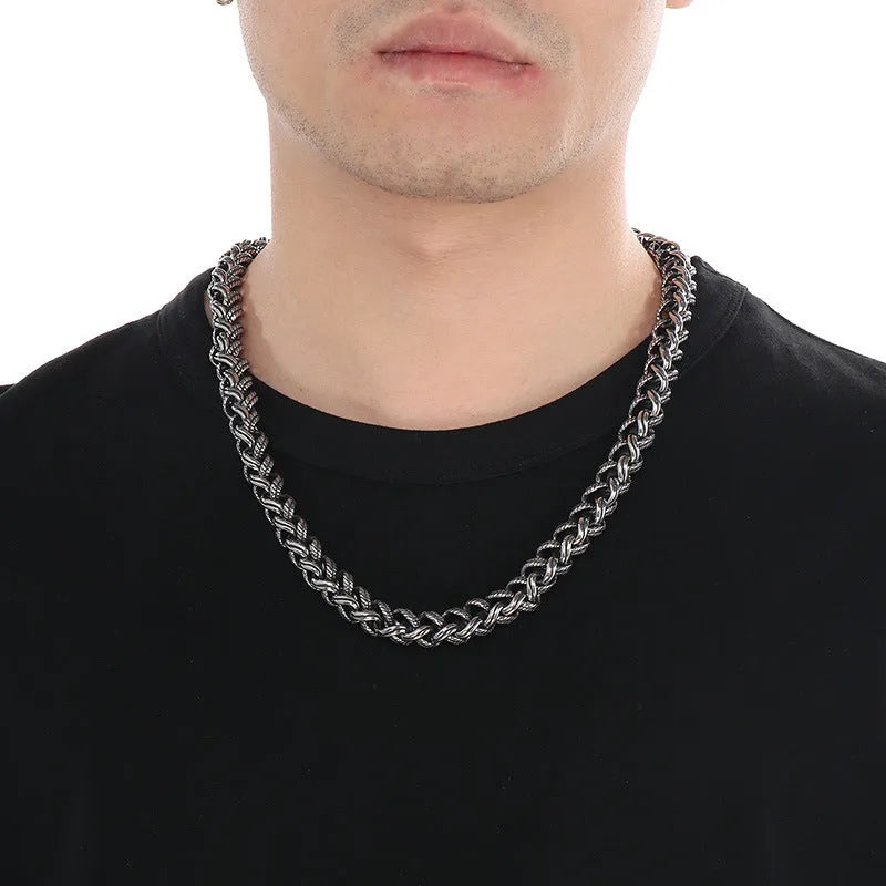 Men's keel chain titanium steel necklace in antique silver finish showing geometric design details