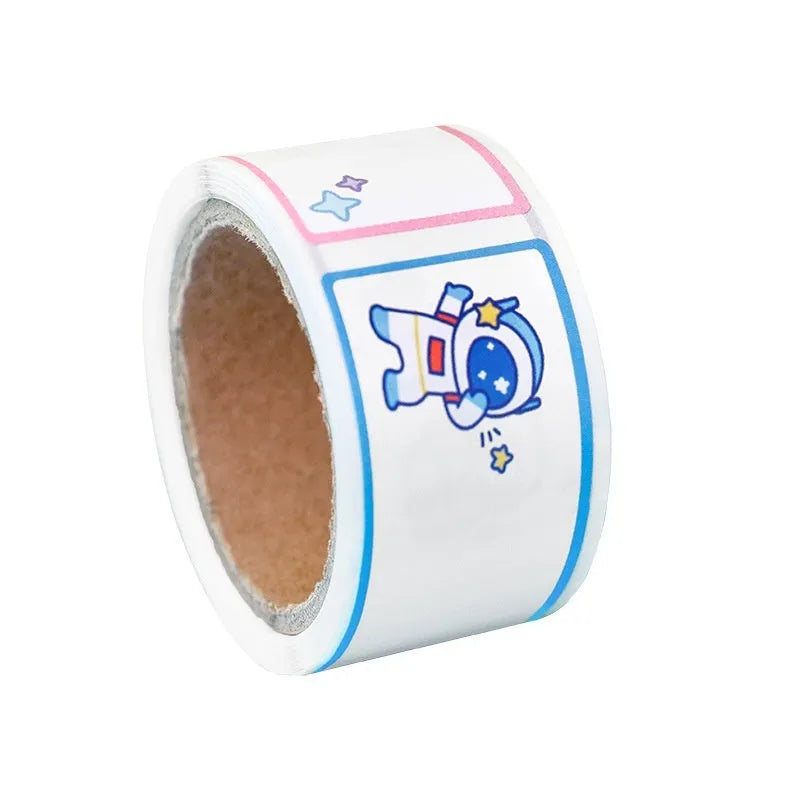 Roll of student name tape stickers with cartoon designs for school organisation