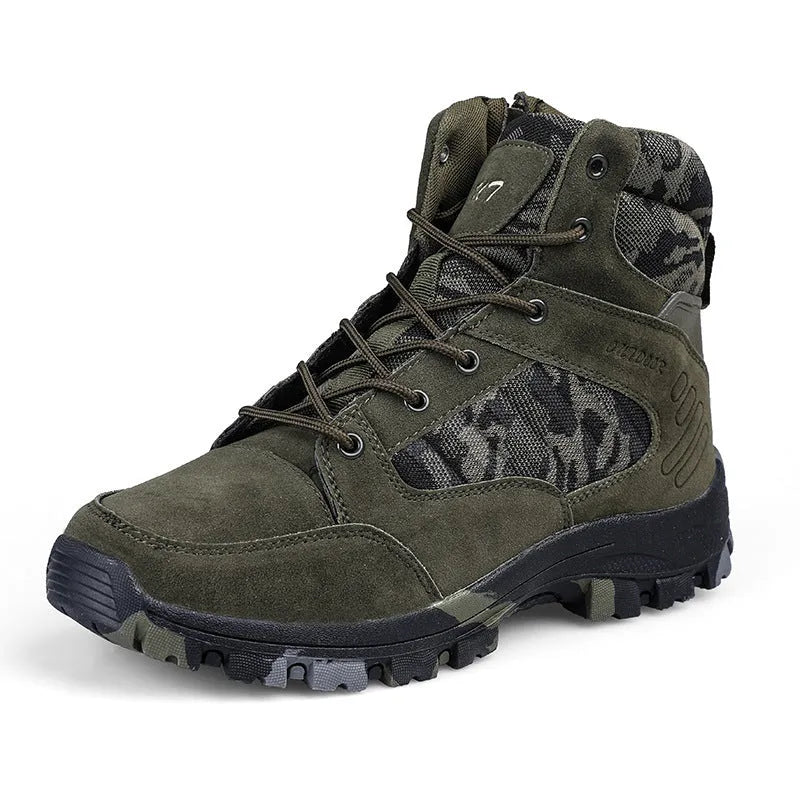 Men's high-top hiking shoes in artificial PU with metal accents, shown in black camouflage colour