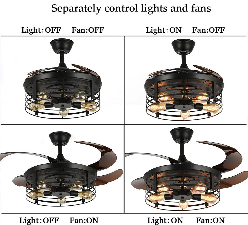 Industrial retro ceiling fan lamp with acrylic blades and integrated light fixture