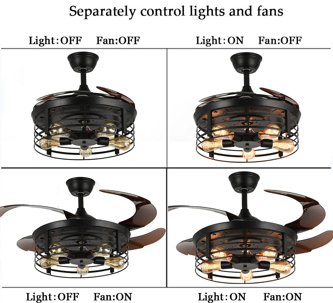 Industrial retro ceiling fan lamp with acrylic blades and integrated light fixture
