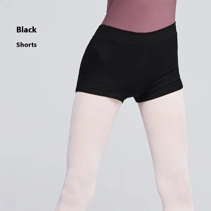 Black cotton ballet practice shorts for women shown flat.