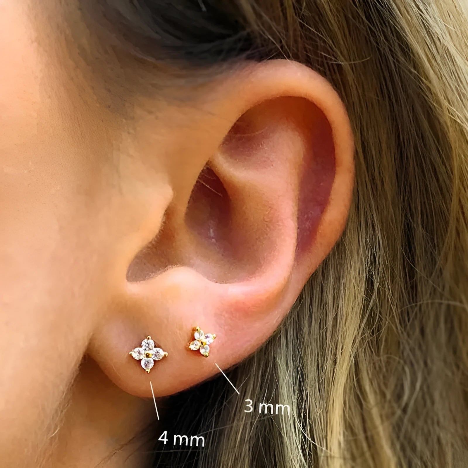 S925 sterling silver floral stud earrings in gold or platinum finish, available in 2.5mm, 3mm and 4mm sizes