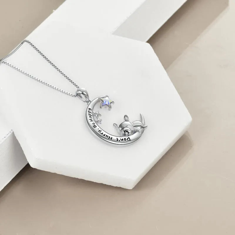 Sterling silver French bulldog moon pendant necklace on box chain with crystal stone
