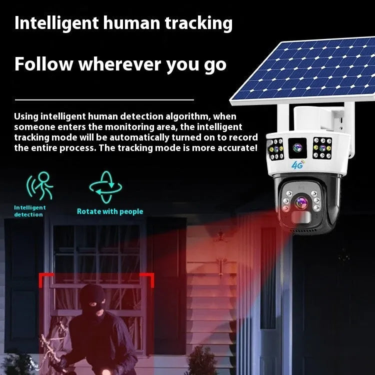 Solar-powered outdoor surveillance camera with three-screen display and 4MP resolution