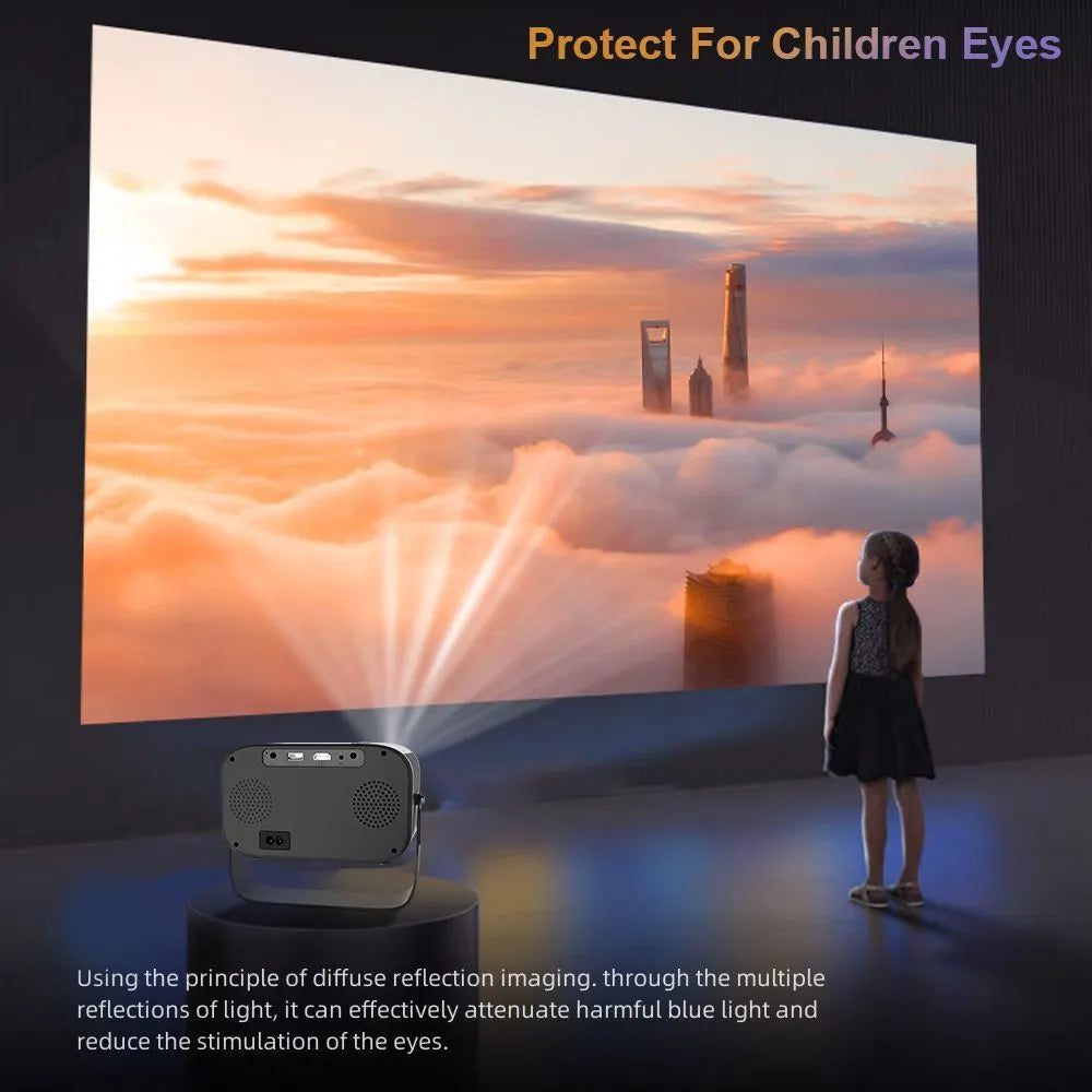 Black portable smart projector with remote control on table