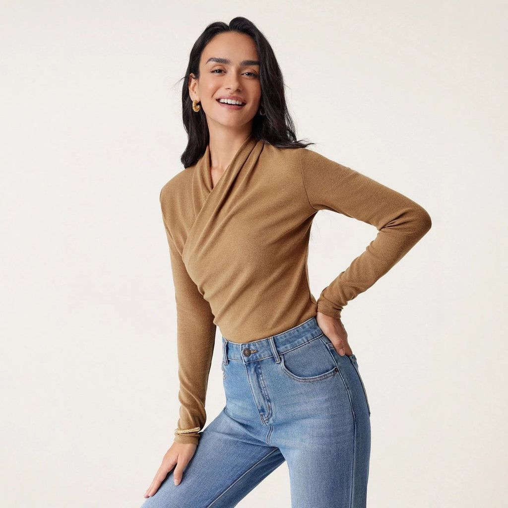 Camel colour women's slim fit pullover sweater with long sleeves