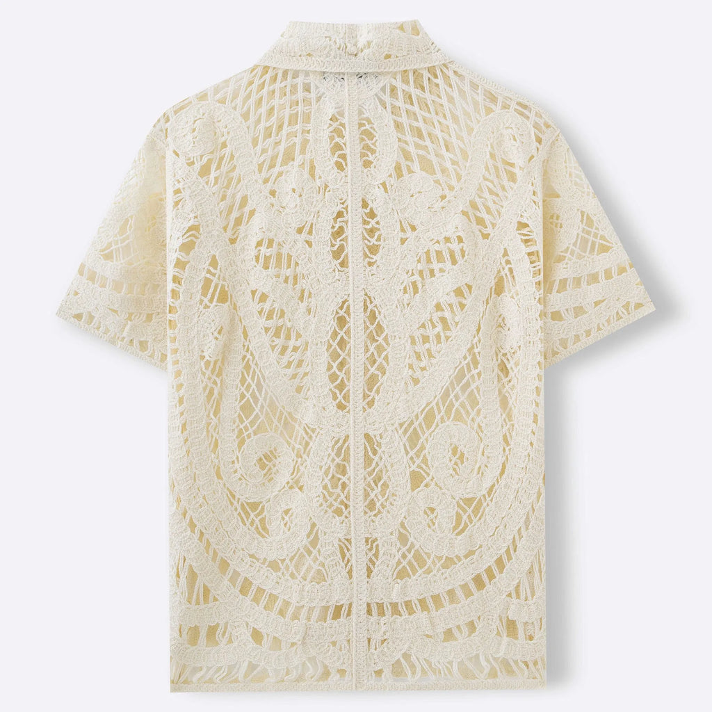 Men's hollow crochet short sleeve cardigan polo shirt in apricot acrylic knit for casual summer wear.