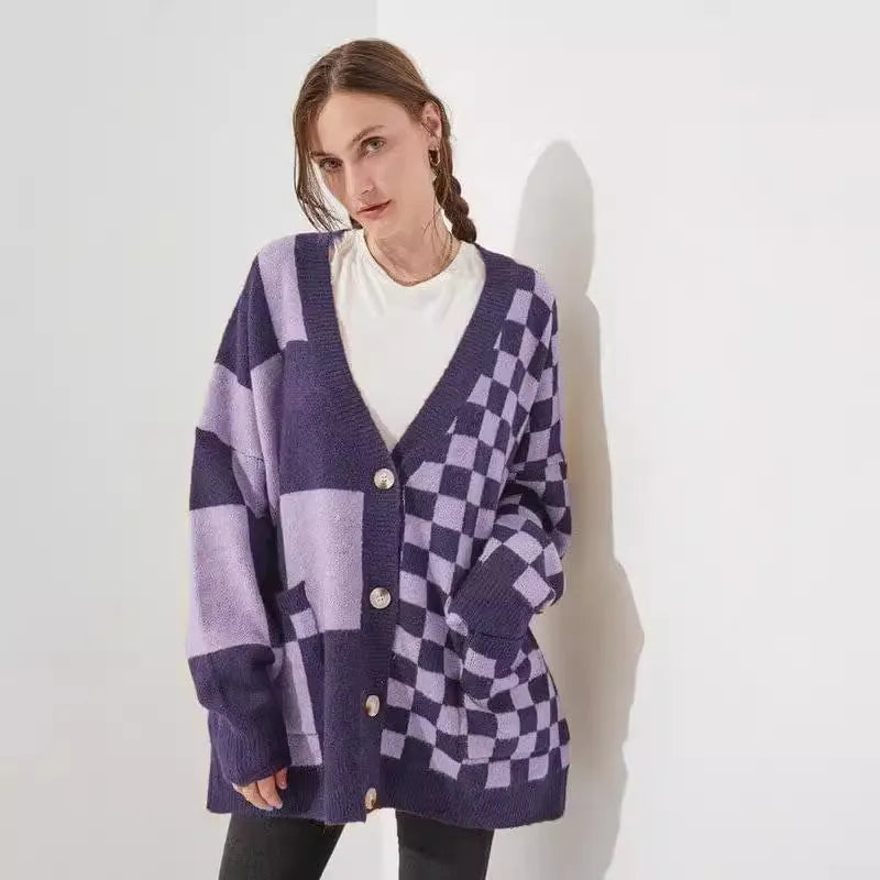 Loose fit printed check cardigan in polyester spandex blend, shown in available colour options