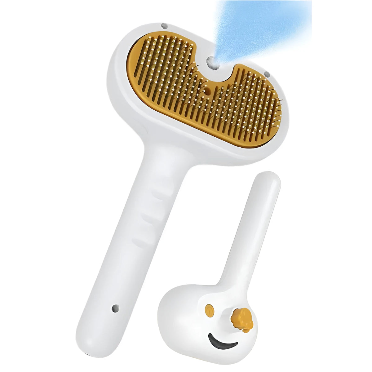 White water mist brush for dogs and cats with steel teeth, built-in water tank, and self-cleaning press for grooming.