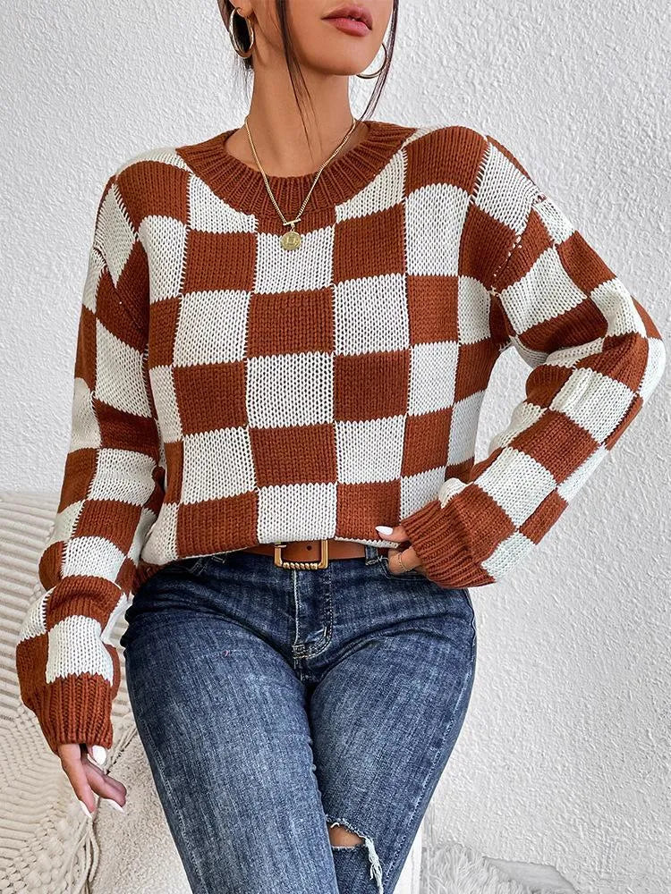 Dark brown plaid acrylic pullover sweater with loose fit and round neck