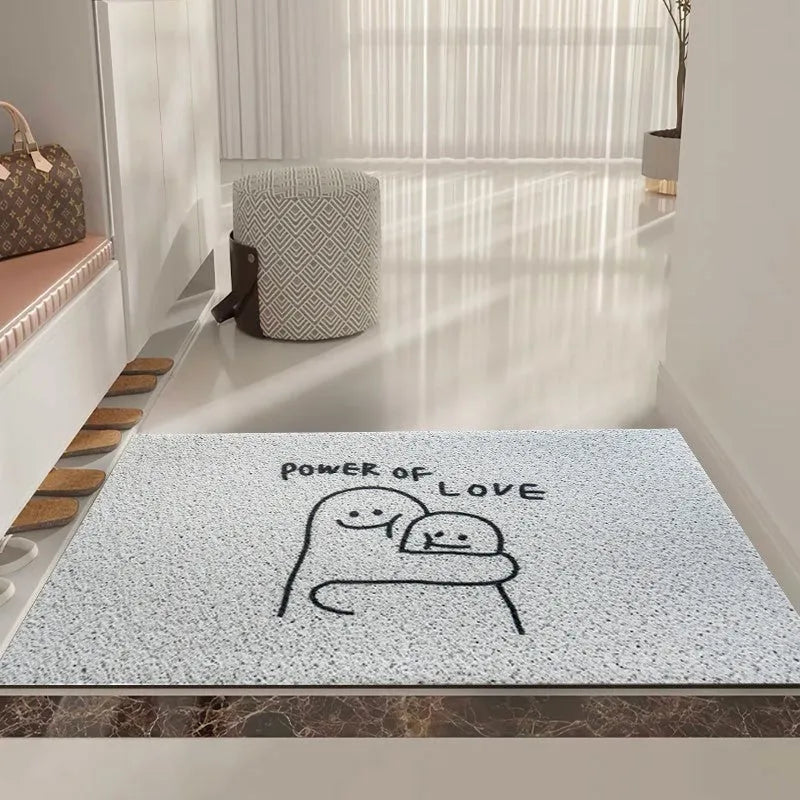Cartoon Mr Big Nose character design on a square PVC floor mat in geometric colours.