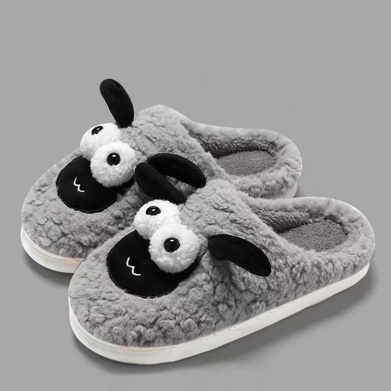 Brown thermal cotton suede slip-on slippers with sewn sole on wooden floor